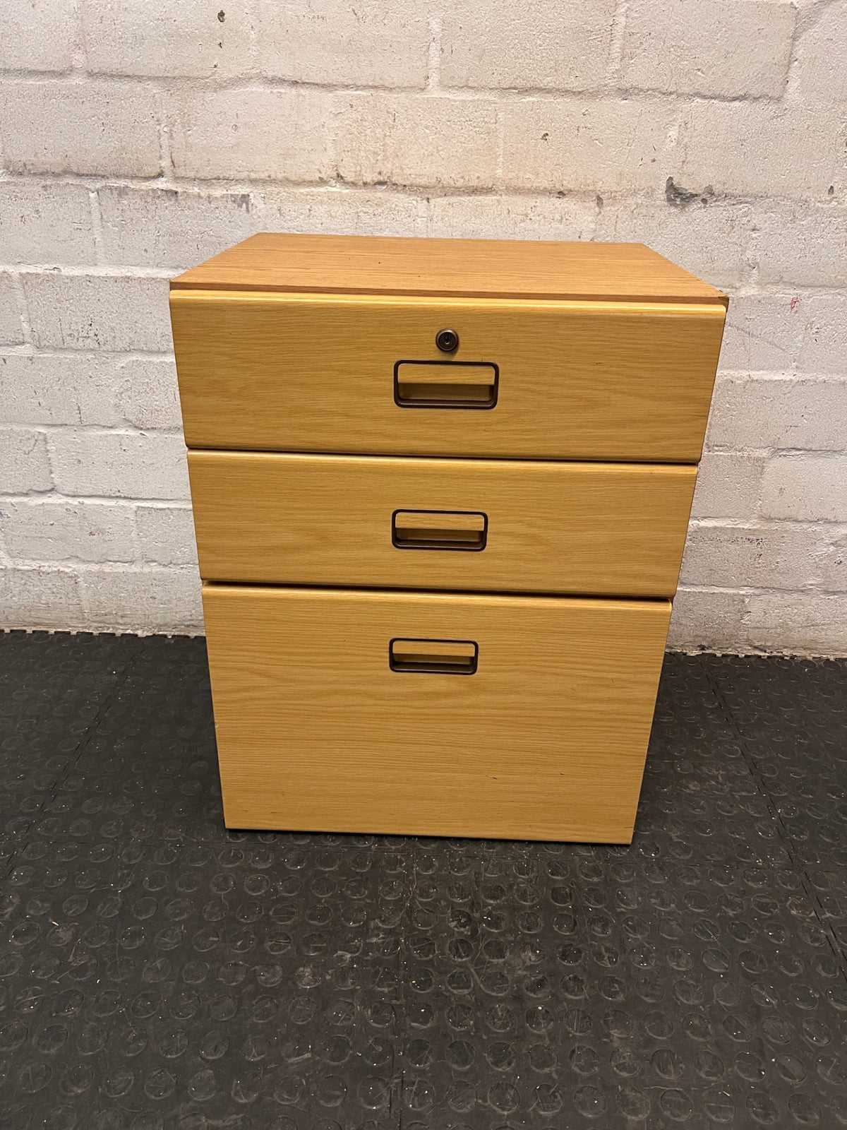 3-Drawer Oak Cabinet with Lock — Good Working Order – main front view