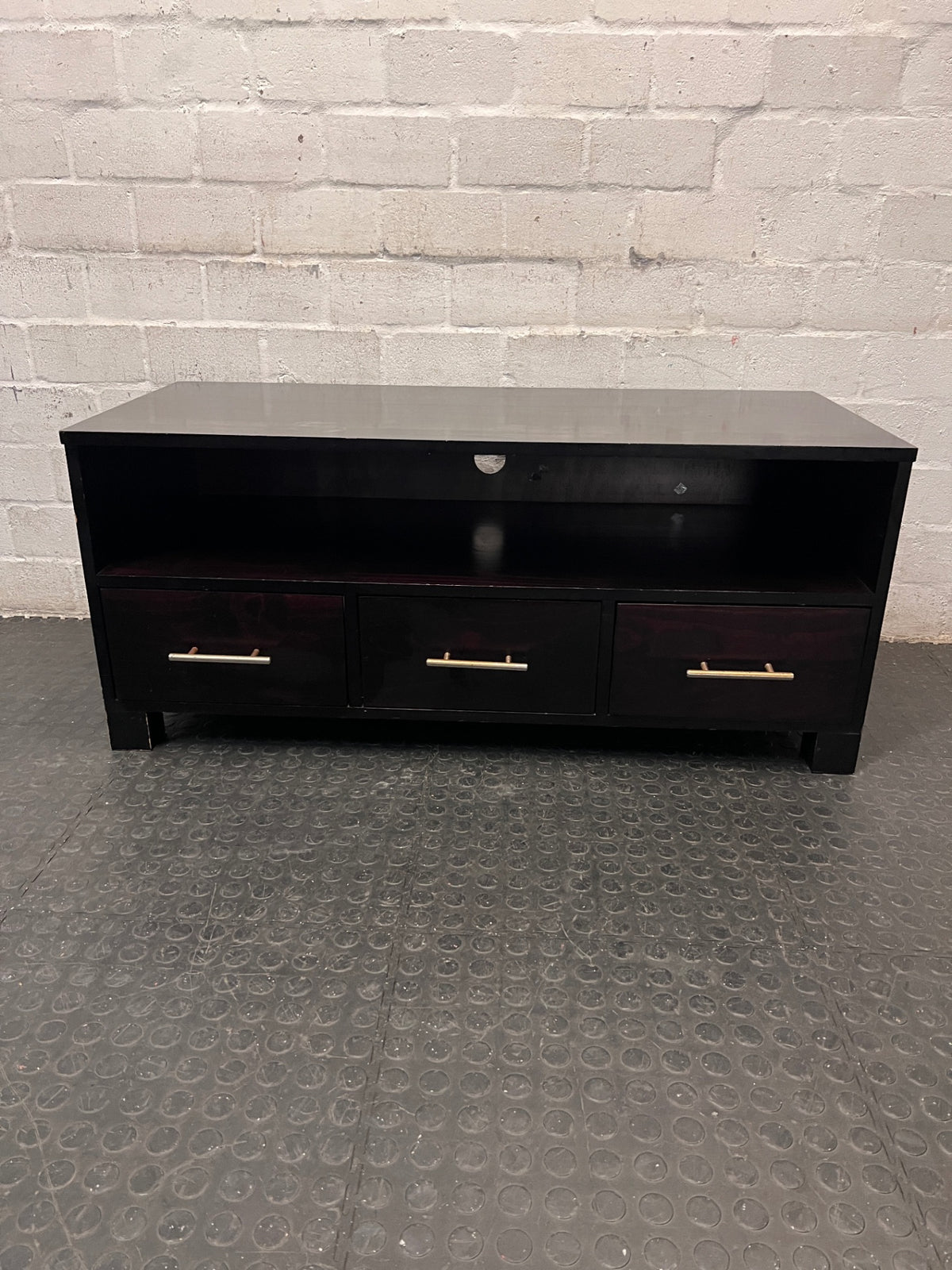 Dark Brown TV Unit with Three Drawers — Aged with Wear to Finish – main front view