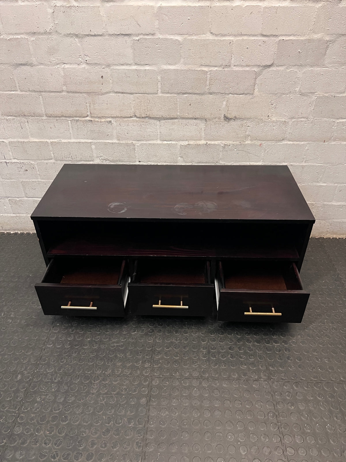 Dark Brown TV Unit with Three Drawers — Aged with Wear to Finish – side view