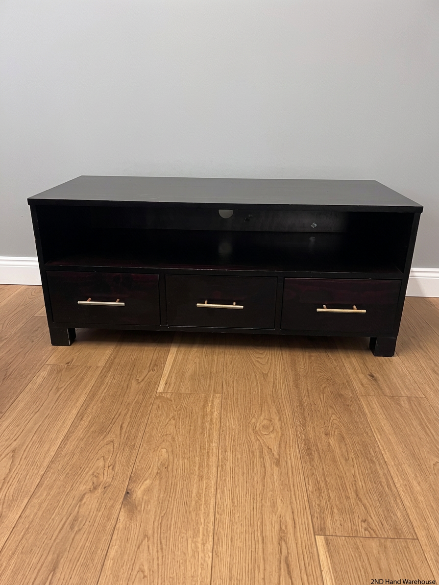 Dark Brown TV Unit with Three Drawers — Aged with Wear to Finish – styled product image