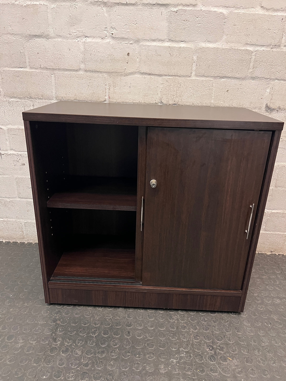 Dark Wood Sliding Door Office Credenza — Good Working Order – side view