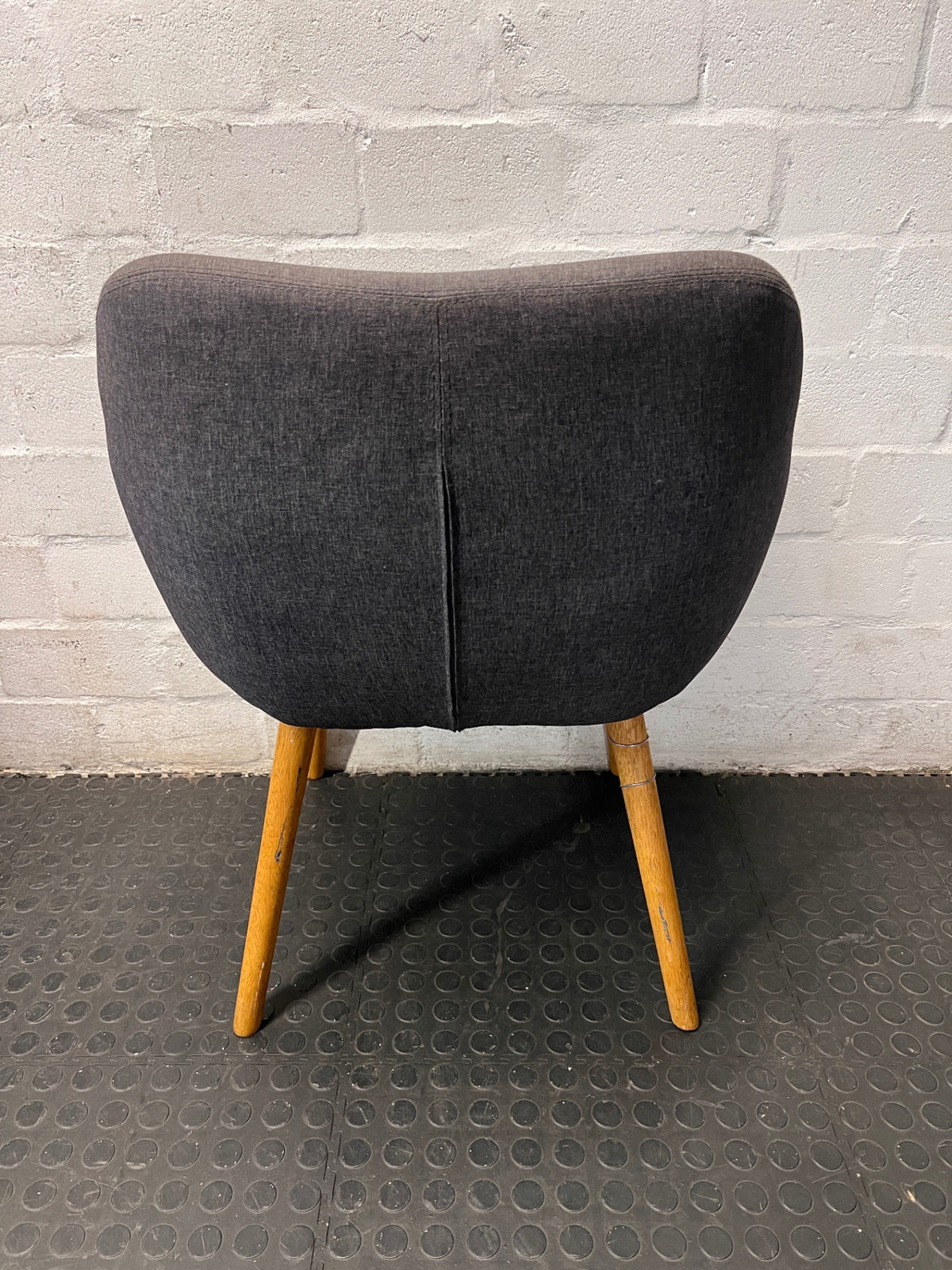 Grey Upholstered Mid-Back Chair with Wooden Legs — Damaged Back Leg – condition detail