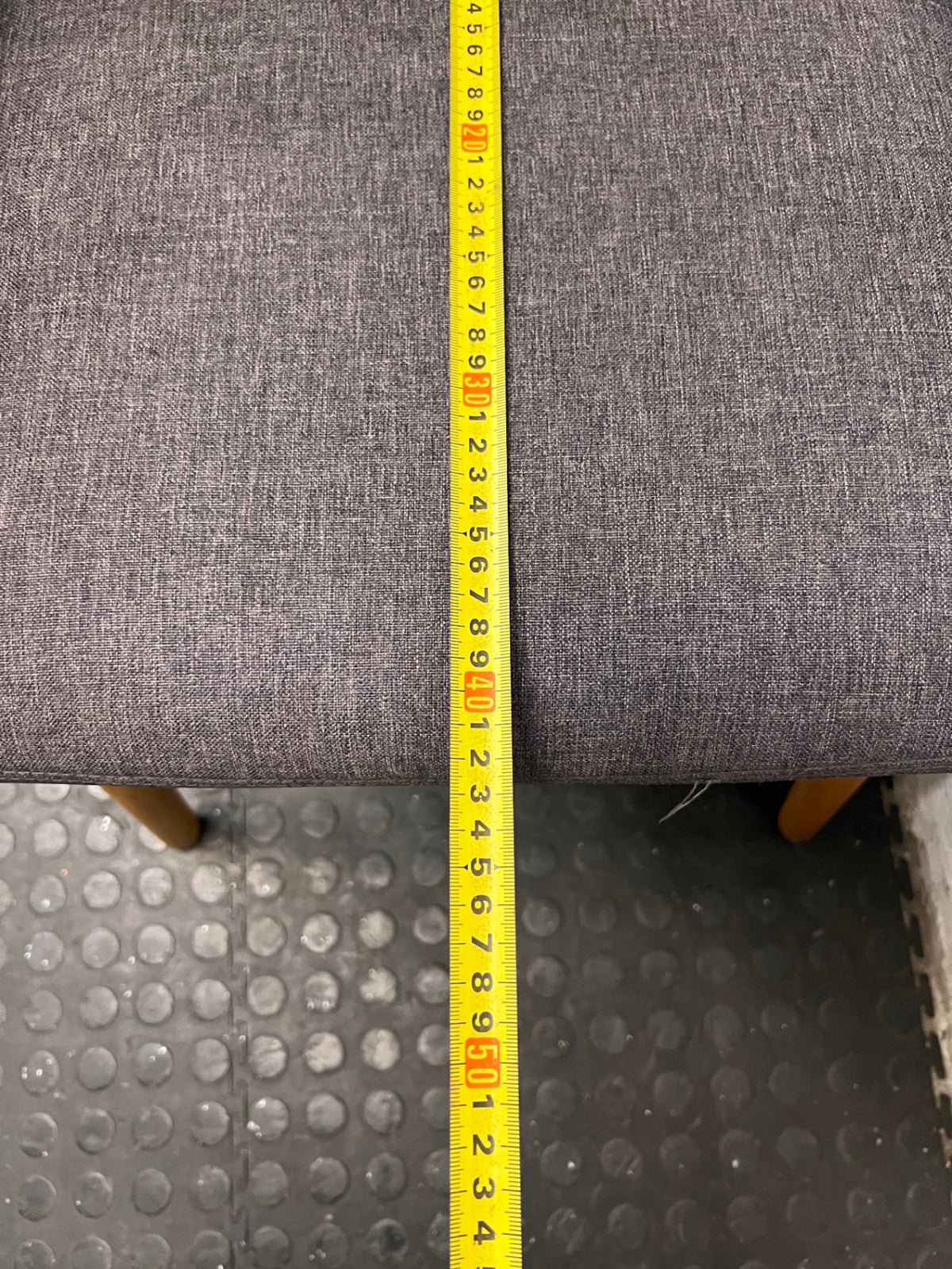 Grey Upholstered Mid-Back Chair with Wooden Legs — Damaged Back Leg – depth measurement