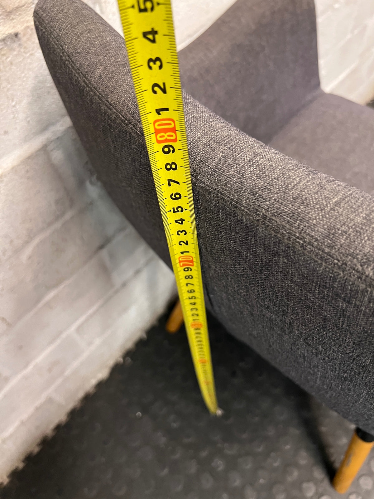 Grey Upholstered Mid-Back Chair with Wooden Legs — Damaged Back Leg – height measurement