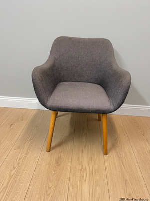 Grey Upholstered Mid-Back Chair with Wooden Legs — Damaged Back Leg – styled product image