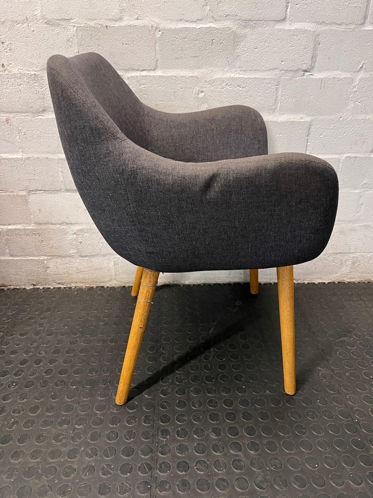 Grey Upholstered Mid-Back Chair with Wooden Legs — Damaged Back Leg – top view