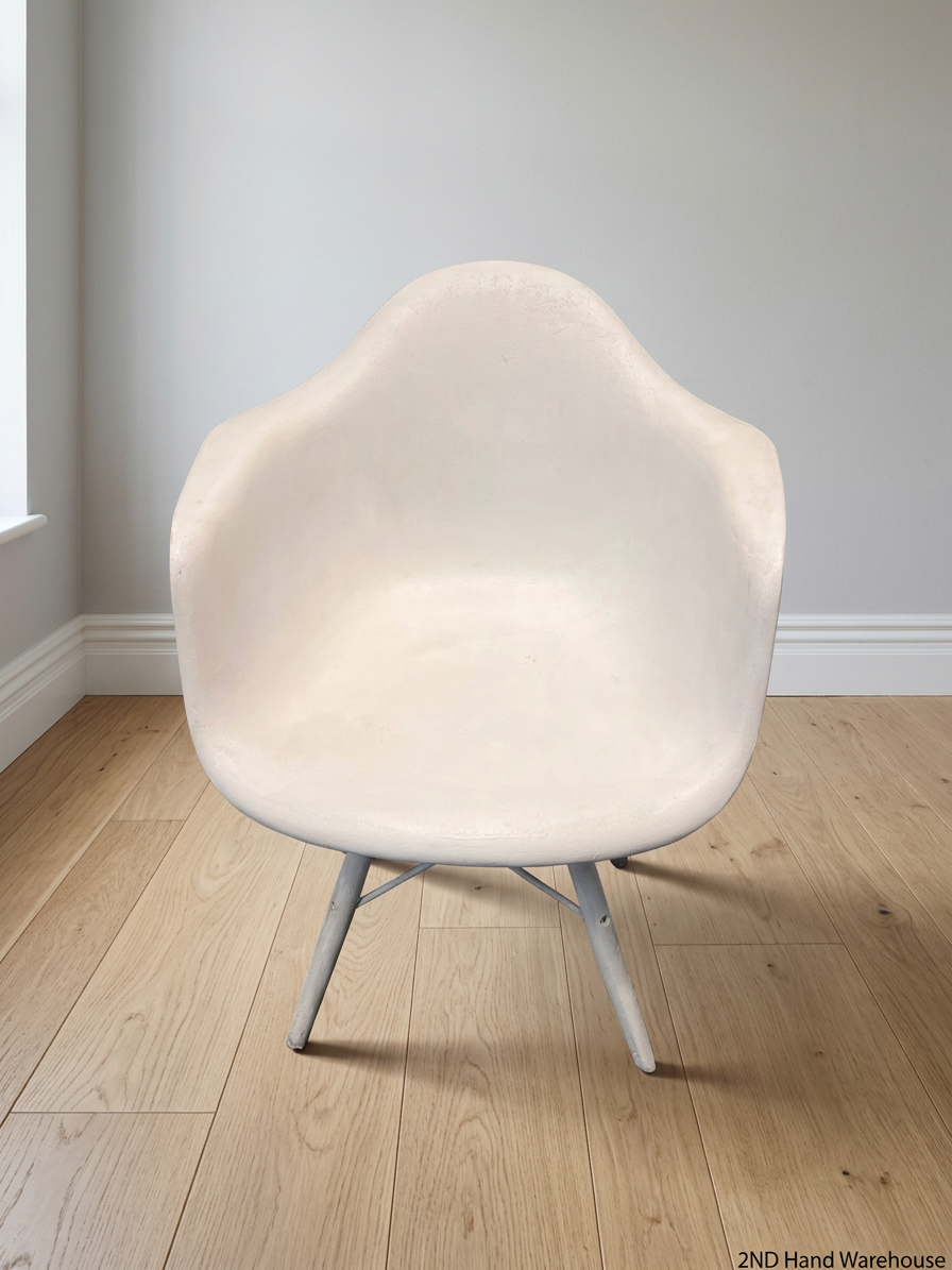 White Moulded Bucket Armchair with Tapered Legs – styled product image