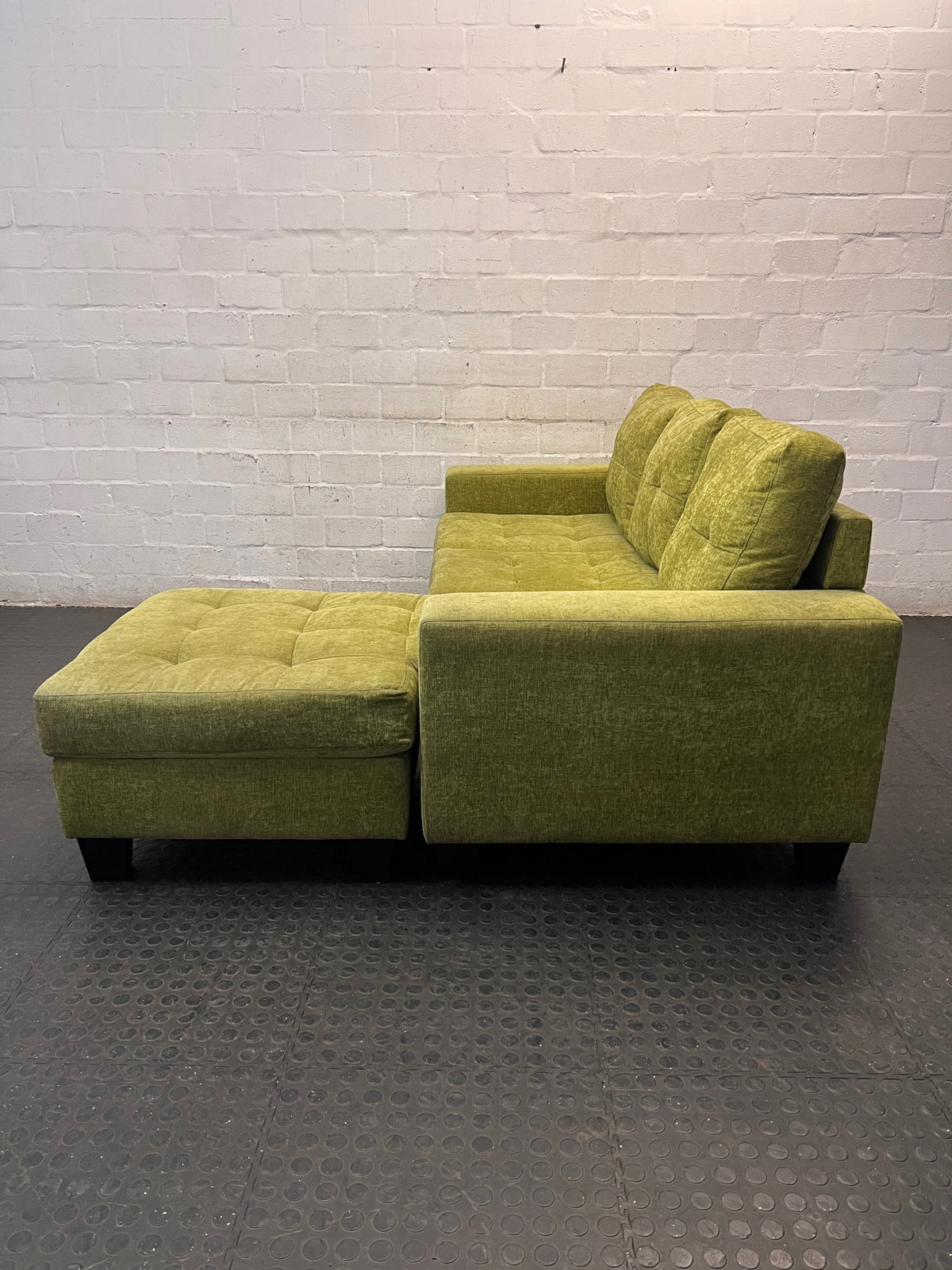 Green Textured Fabric L-Shape Corner Couch — Used; Fair Condition – back view