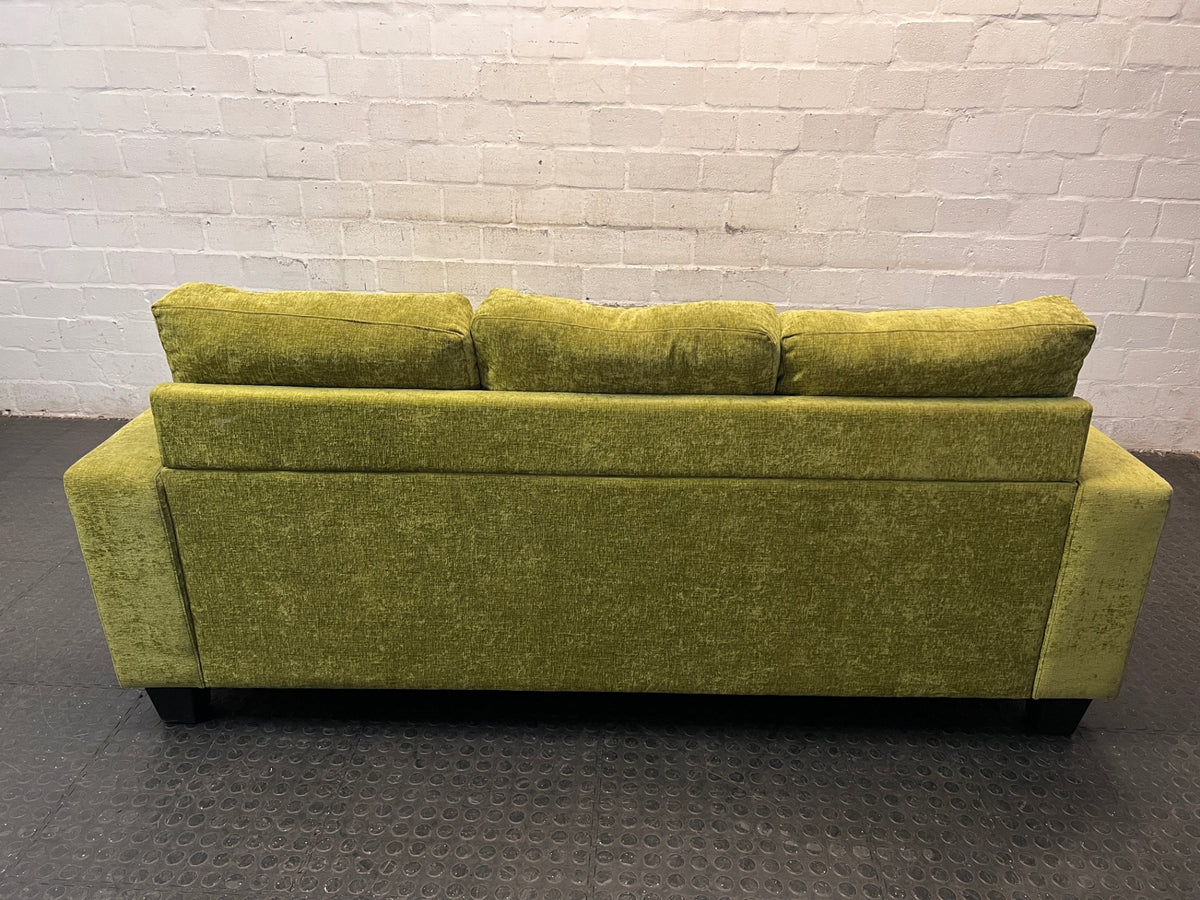 Green Textured Fabric L-Shape Corner Couch — Used; Fair Condition – condition detail
