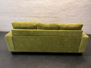 Green Textured Fabric L-Shape Corner Couch — Used; Fair Condition – condition detail
