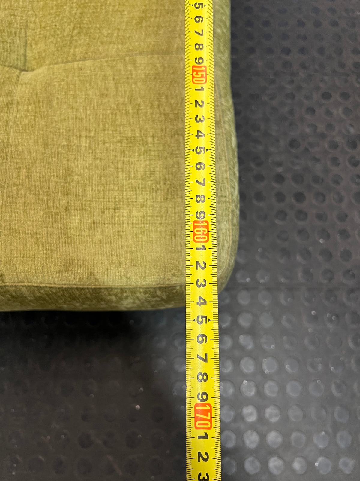 Green Textured Fabric L-Shape Corner Couch — Used; Fair Condition – depth measurement