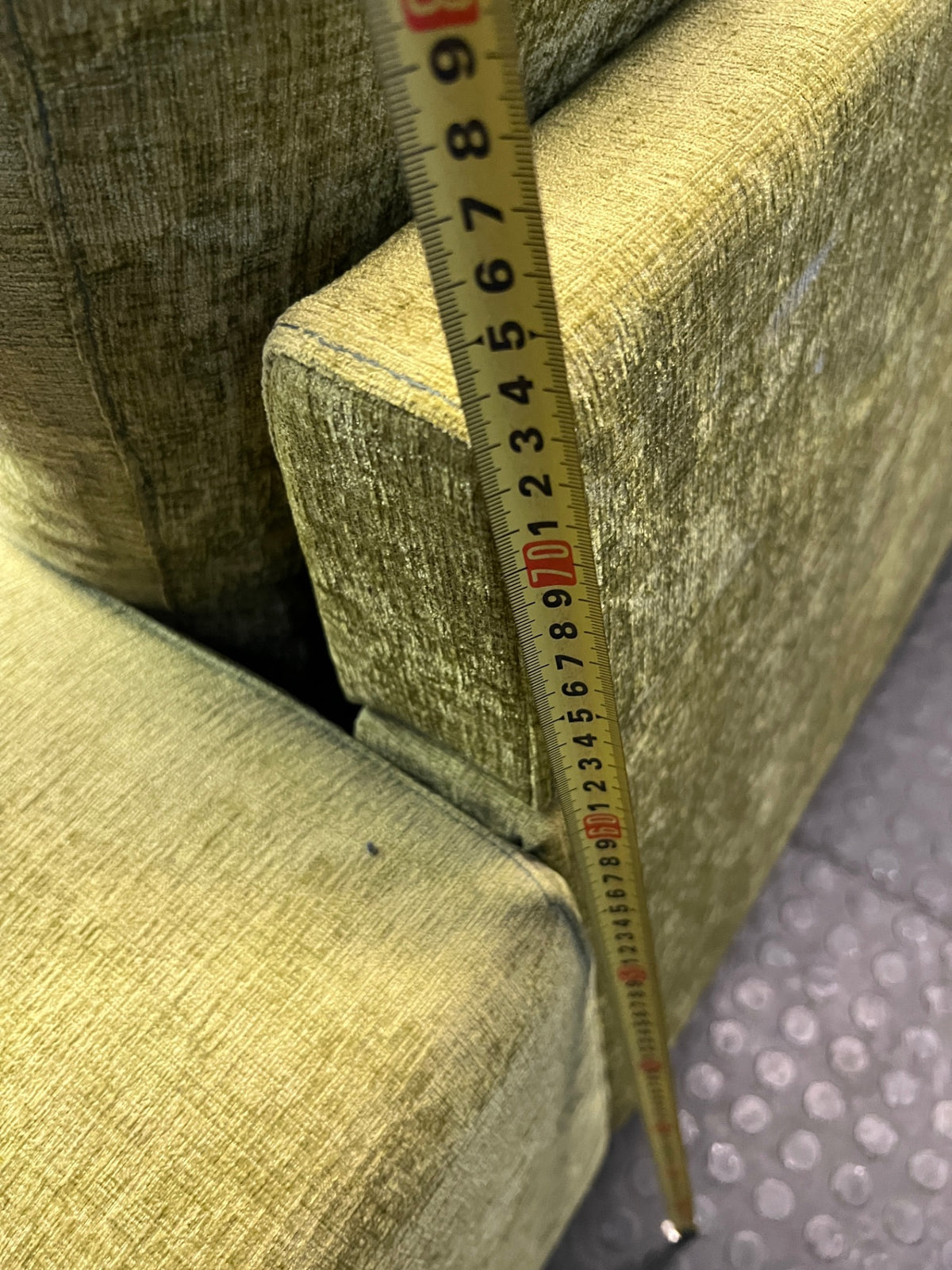 Green Textured Fabric L-Shape Corner Couch — Used; Fair Condition – height measurement