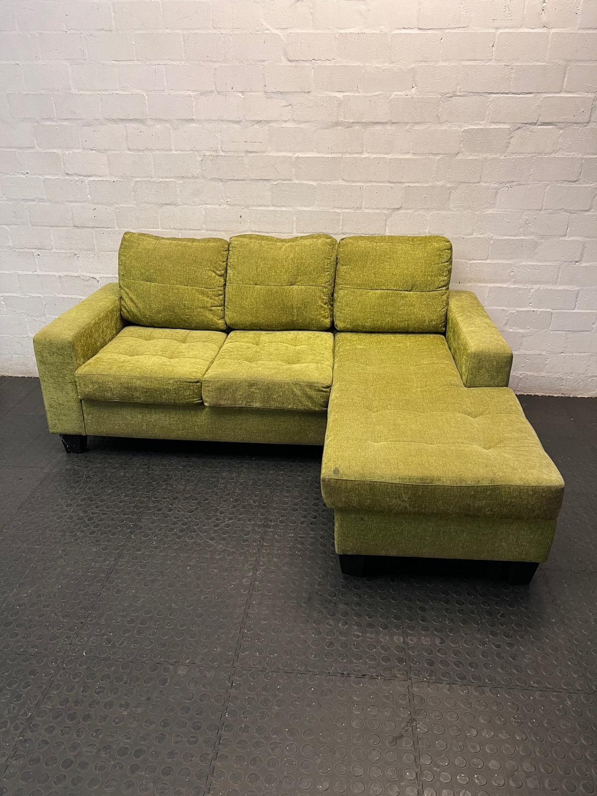 Green Textured Fabric L-Shape Corner Couch — Used; Fair Condition – main front view