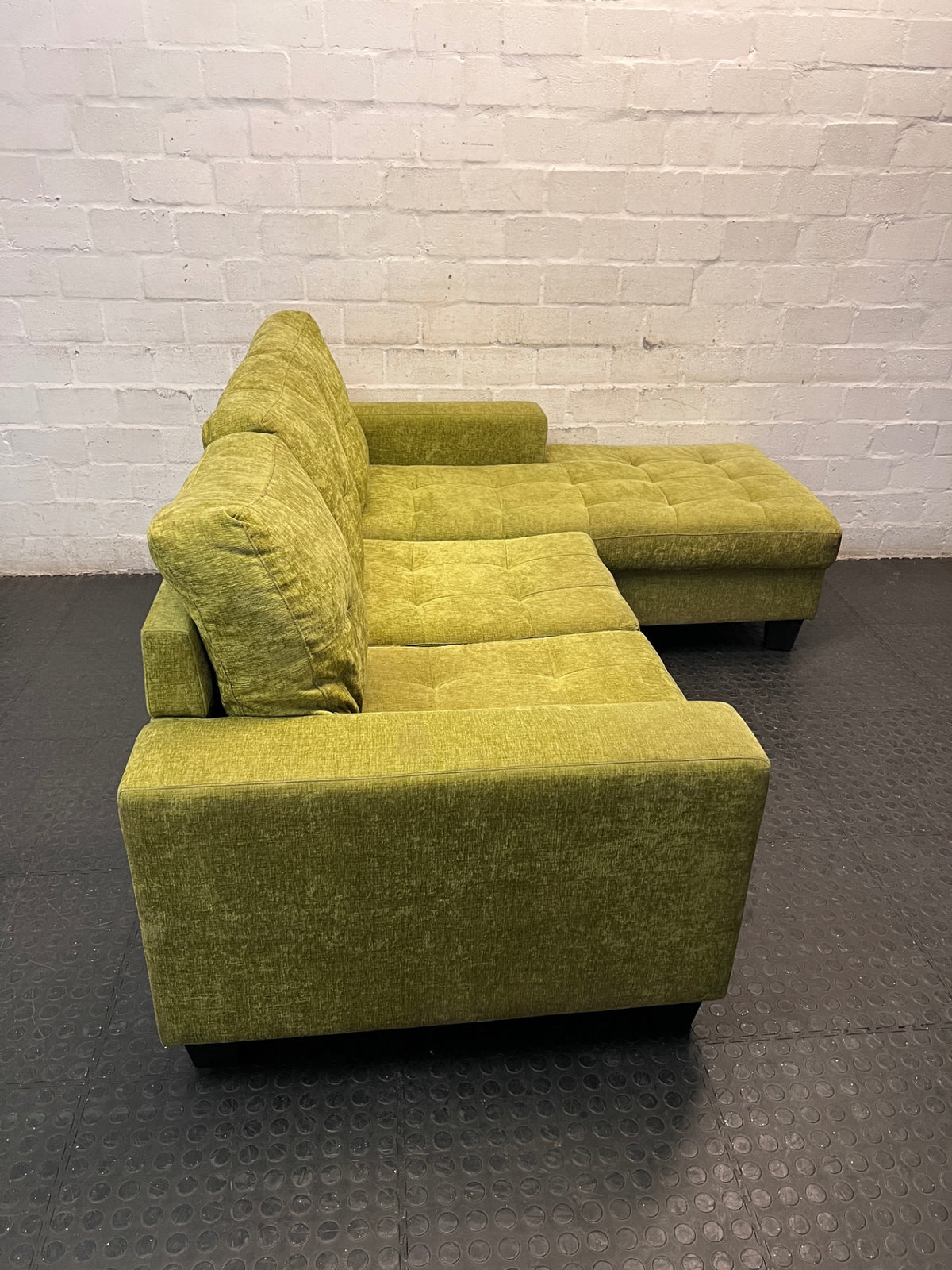 Green Textured Fabric L-Shape Corner Couch — Used; Fair Condition – side view