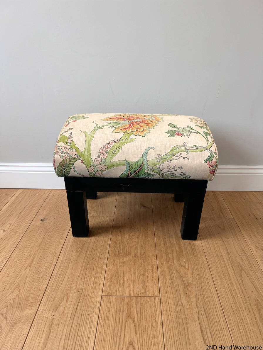 Floral Upholstered Ottoman with Black Timber Legs — Fair Condition With Visible Wear – styled product image