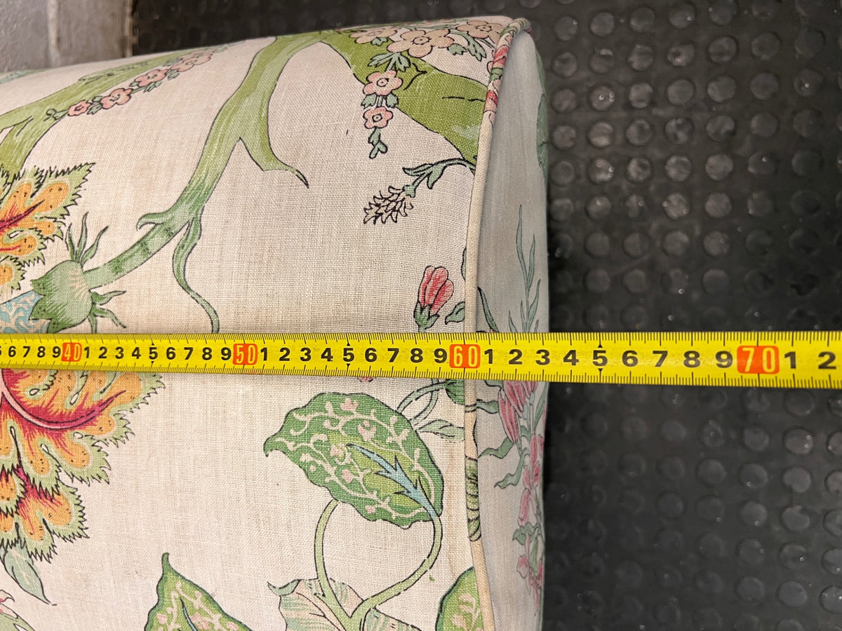 Floral Upholstered Ottoman with Black Timber Legs — Fair Condition With Visible Wear – width measurement