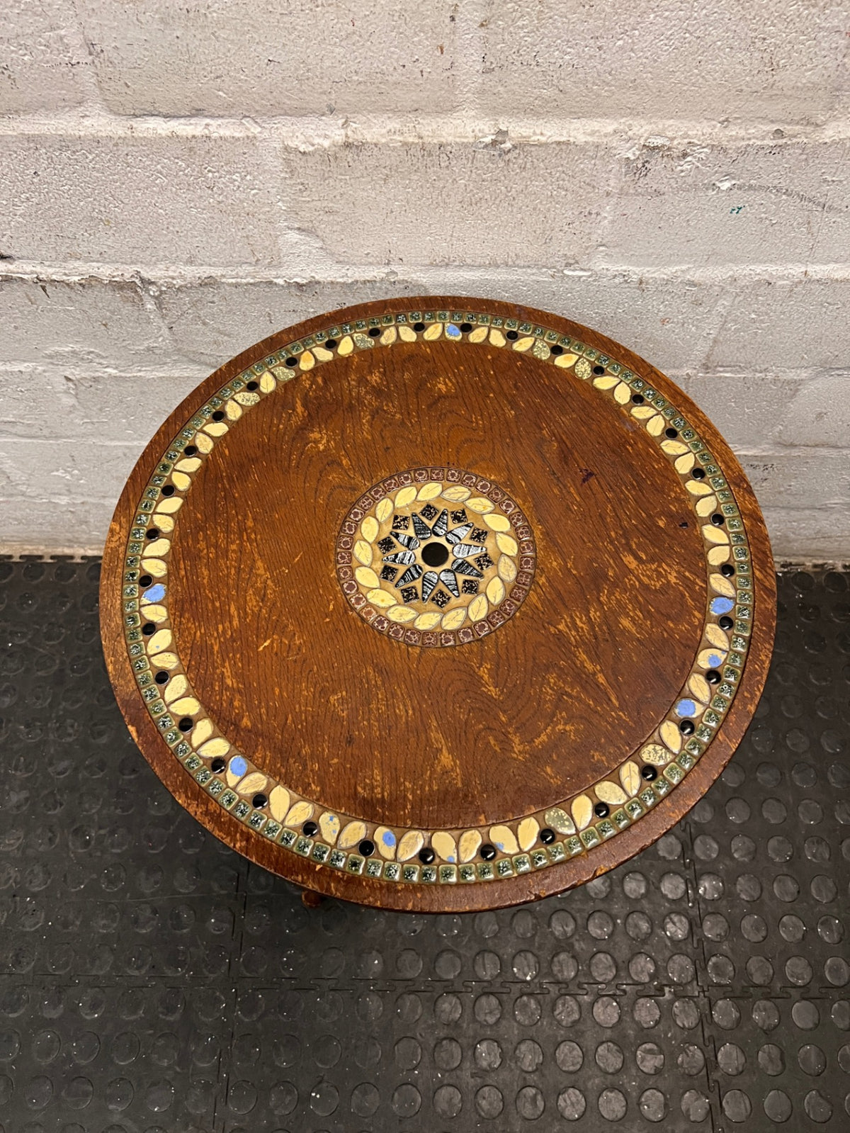 Tripod Wooden Side Table with Mosaic Inlay — Fair Condition with Visible Surface Wear – back view