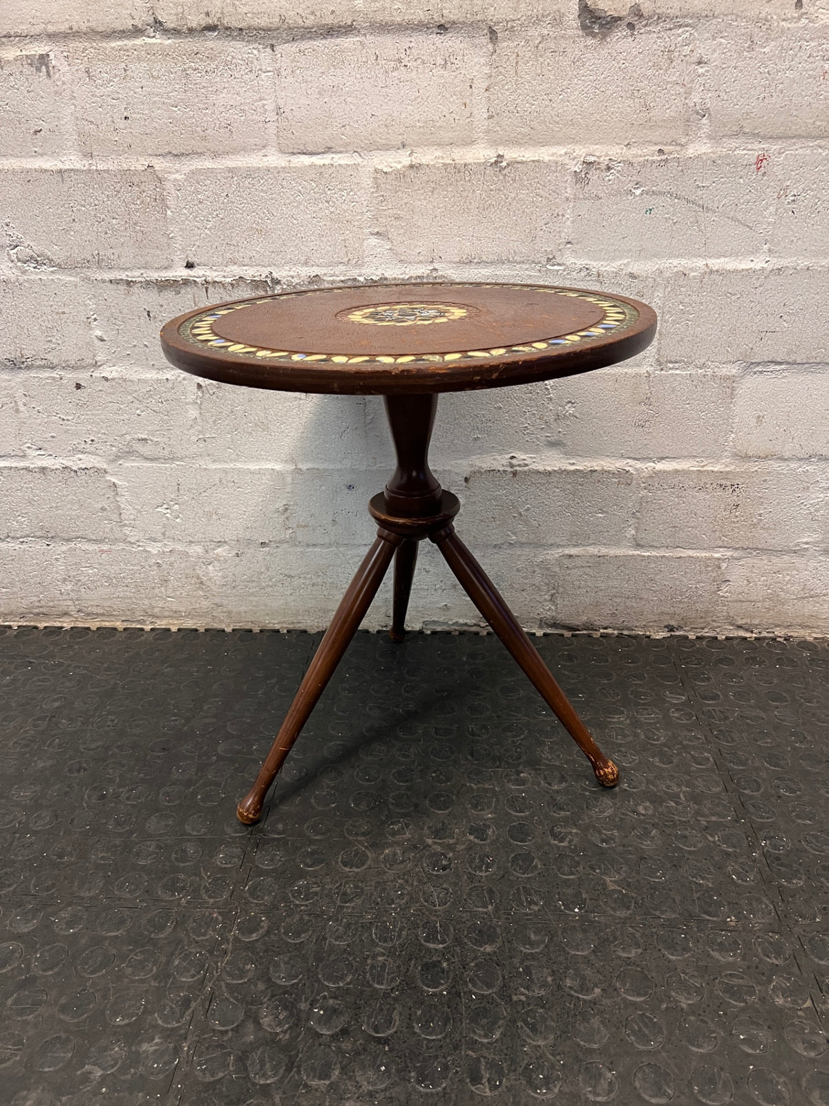 Tripod Wooden Side Table with Mosaic Inlay — Fair Condition with Visible Surface Wear – condition detail