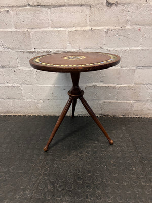 Tripod Wooden Side Table with Mosaic Inlay — Fair Condition with Visible Surface Wear – condition detail