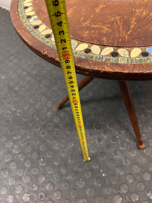 Tripod Wooden Side Table with Mosaic Inlay — Fair Condition with Visible Surface Wear – height measurement