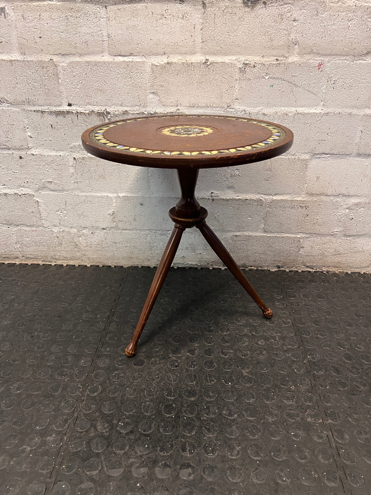 Tripod Wooden Side Table with Mosaic Inlay — Fair Condition with Visible Surface Wear – main front view