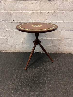 Tripod Wooden Side Table with Mosaic Inlay — Fair Condition with Visible Surface Wear – main front view