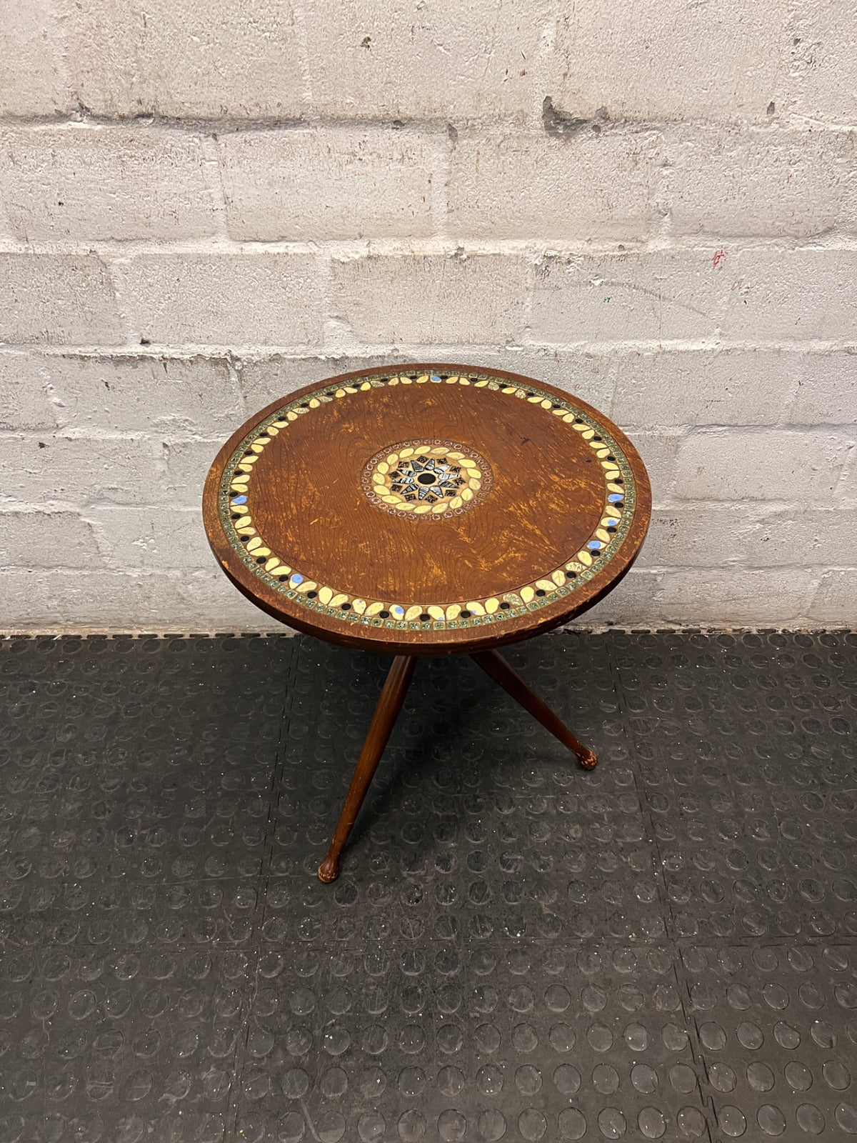 Tripod Wooden Side Table with Mosaic Inlay — Fair Condition with Visible Surface Wear – side view