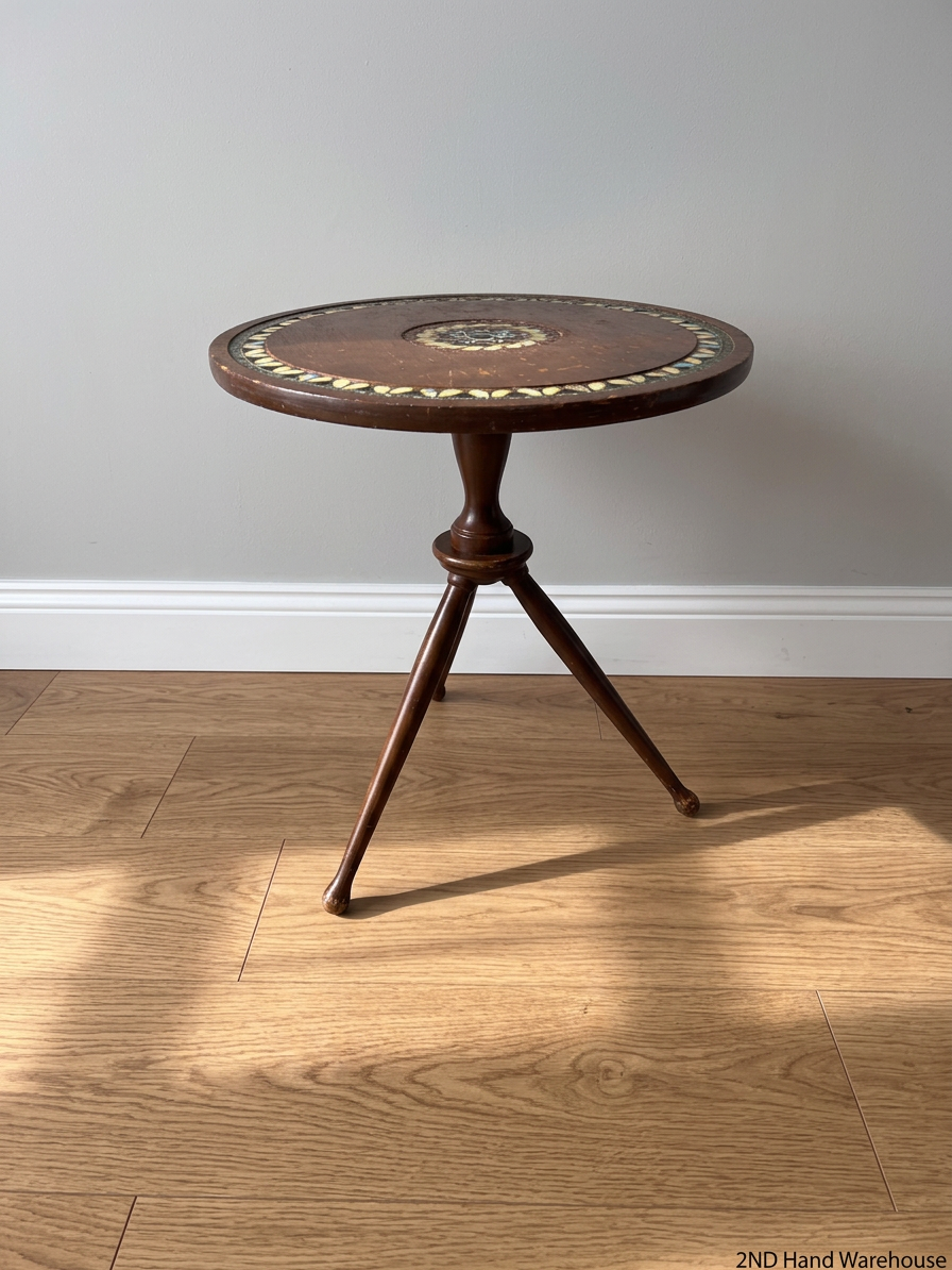 Tripod Wooden Side Table with Mosaic Inlay — Fair Condition with Visible Surface Wear – styled product image