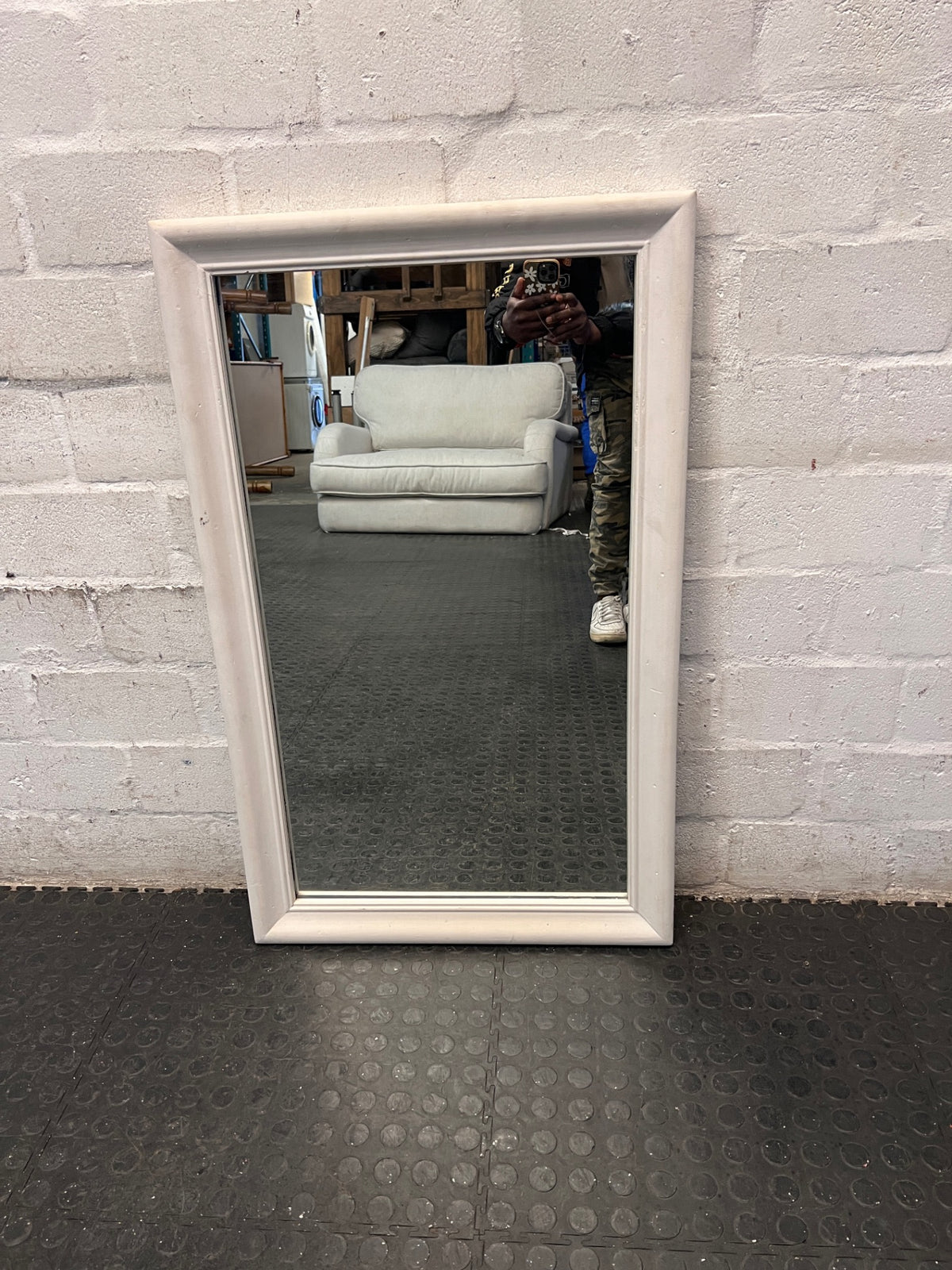 Classic White Framed Rectangular Wall Mirror — Fair Used Condition – side view