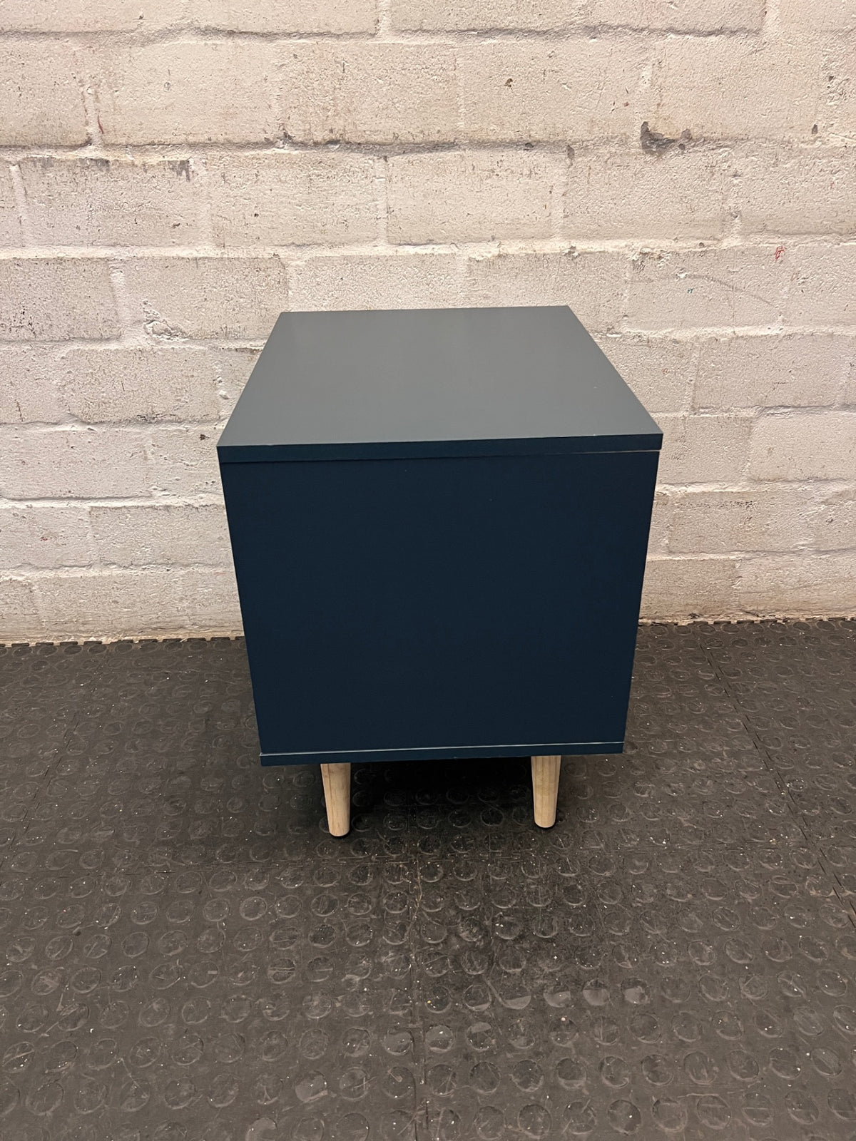 Blue Two-Drawer Bedside Table with Wooden Accents — Very High Quality Used Condition – back view
