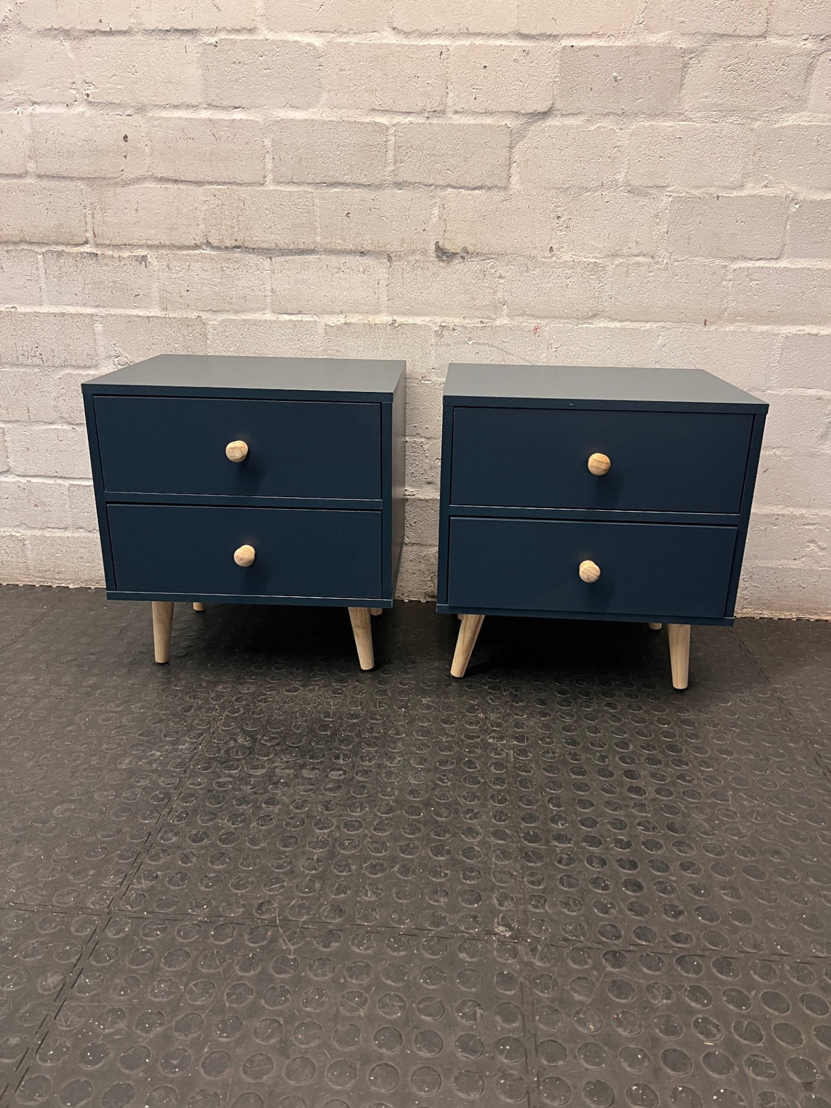 Blue Two-Drawer Bedside Table with Wooden Accents — Very High Quality Used Condition – condition detail
