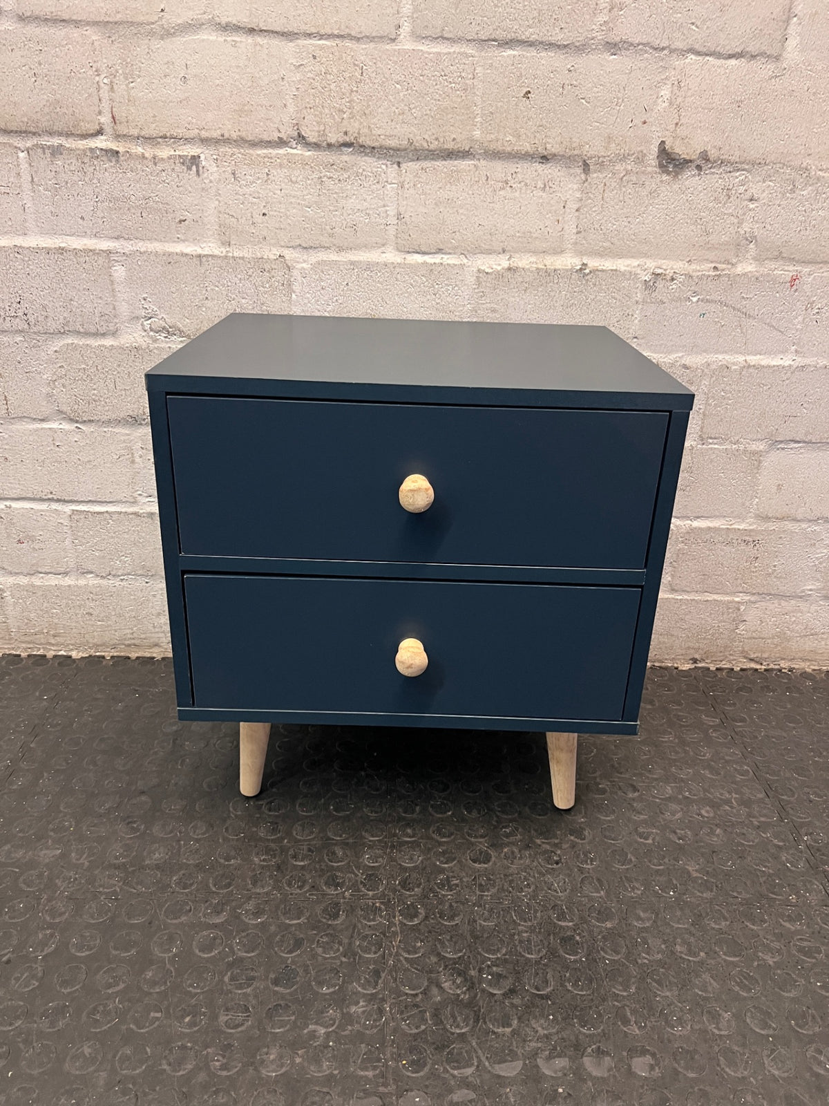Blue Two-Drawer Bedside Table with Wooden Accents — Very High Quality Used Condition – main front view