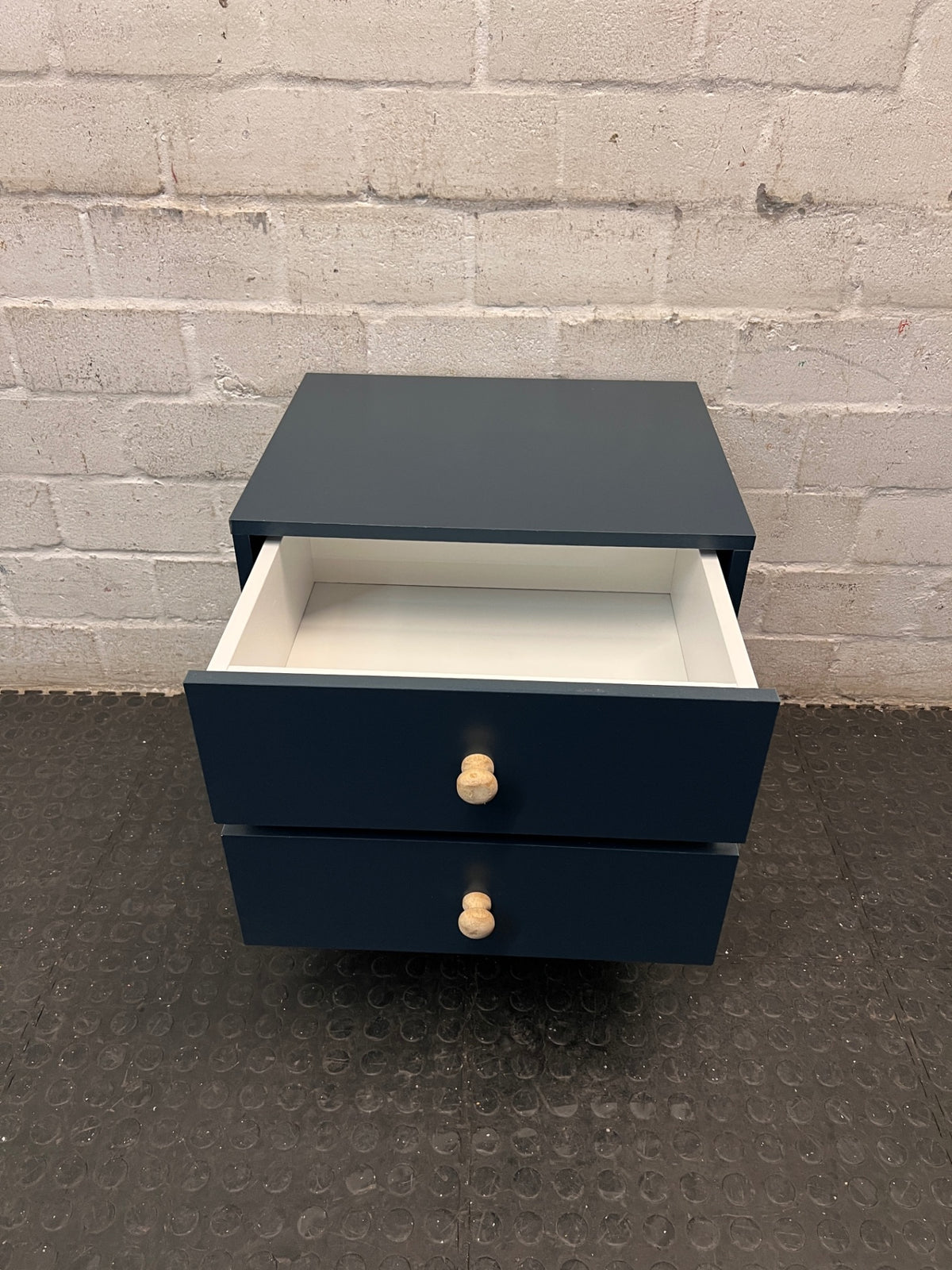 Blue Two-Drawer Bedside Table with Wooden Accents — Very High Quality Used Condition – side view