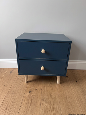 Blue Two-Drawer Bedside Table with Wooden Accents — Very High Quality Used Condition – styled product image