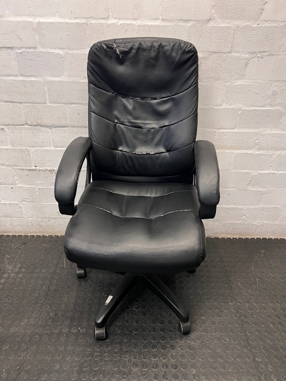 Black Faux-Leather High Back Office Chair — Significant Wear and Tear Damage – main front view