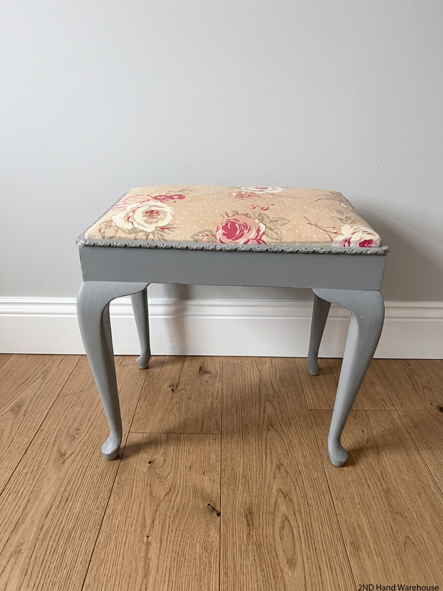 Grey Queen Anne Dressing Stool with Floral Upholstery – styled product image