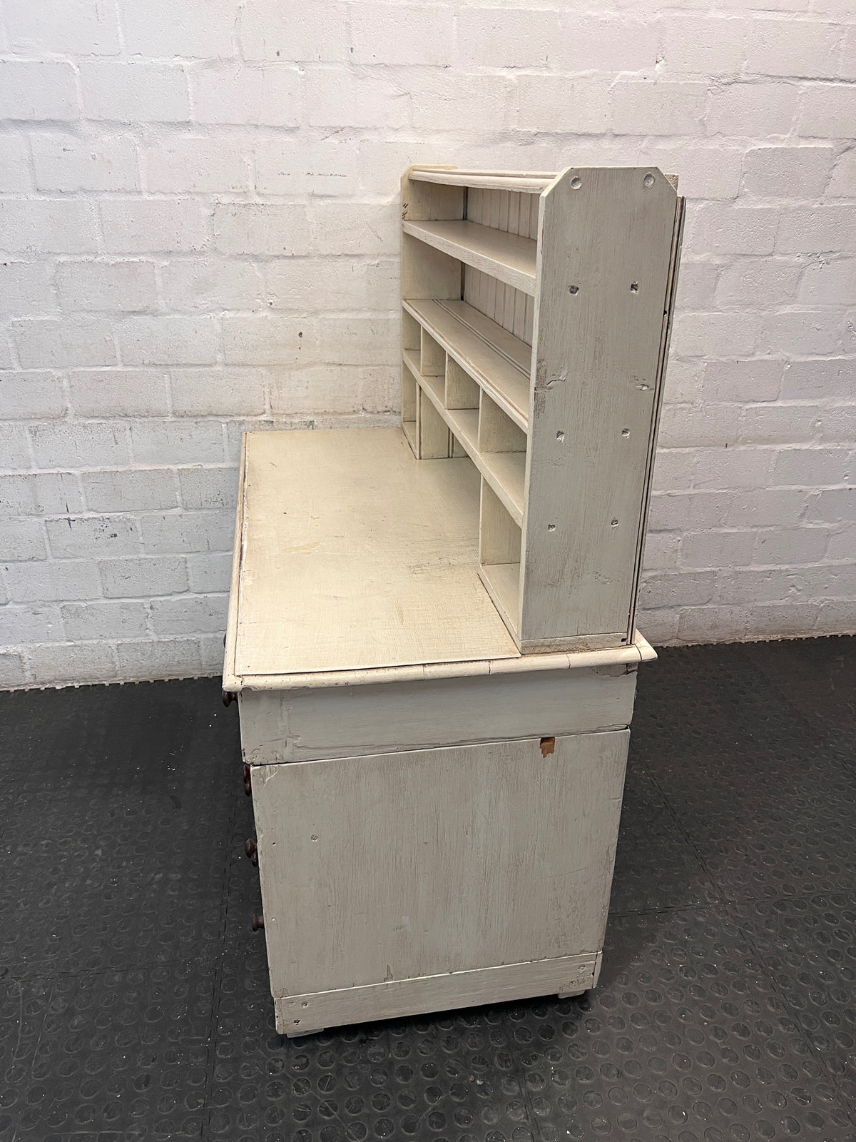 Cream Timber Office Desk with Shelved Hutch – condition detail