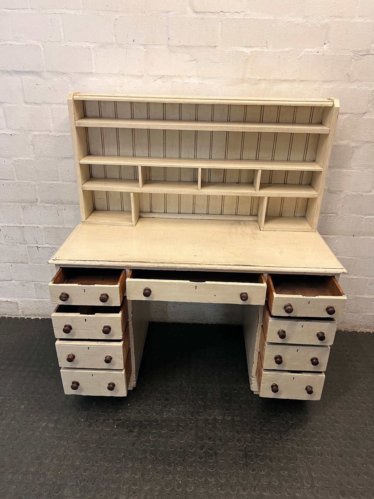 Cream Timber Office Desk with Shelved Hutch – side view