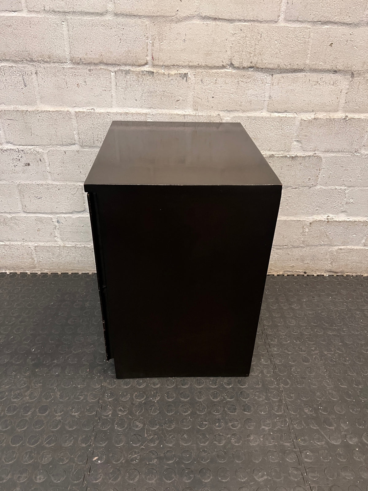 Dark Wood Side Table with Two Drawers — Scratches on Edges – back view
