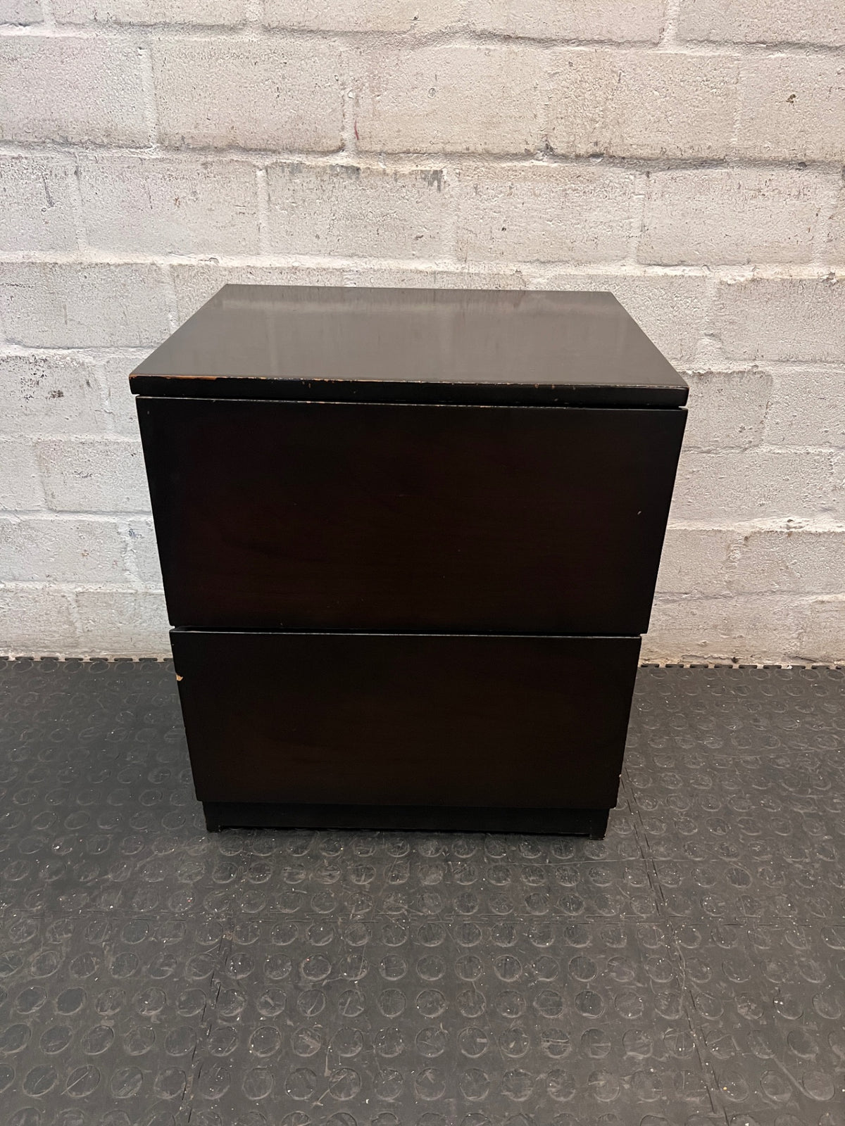 Dark Wood Side Table with Two Drawers — Scratches on Edges – main front view