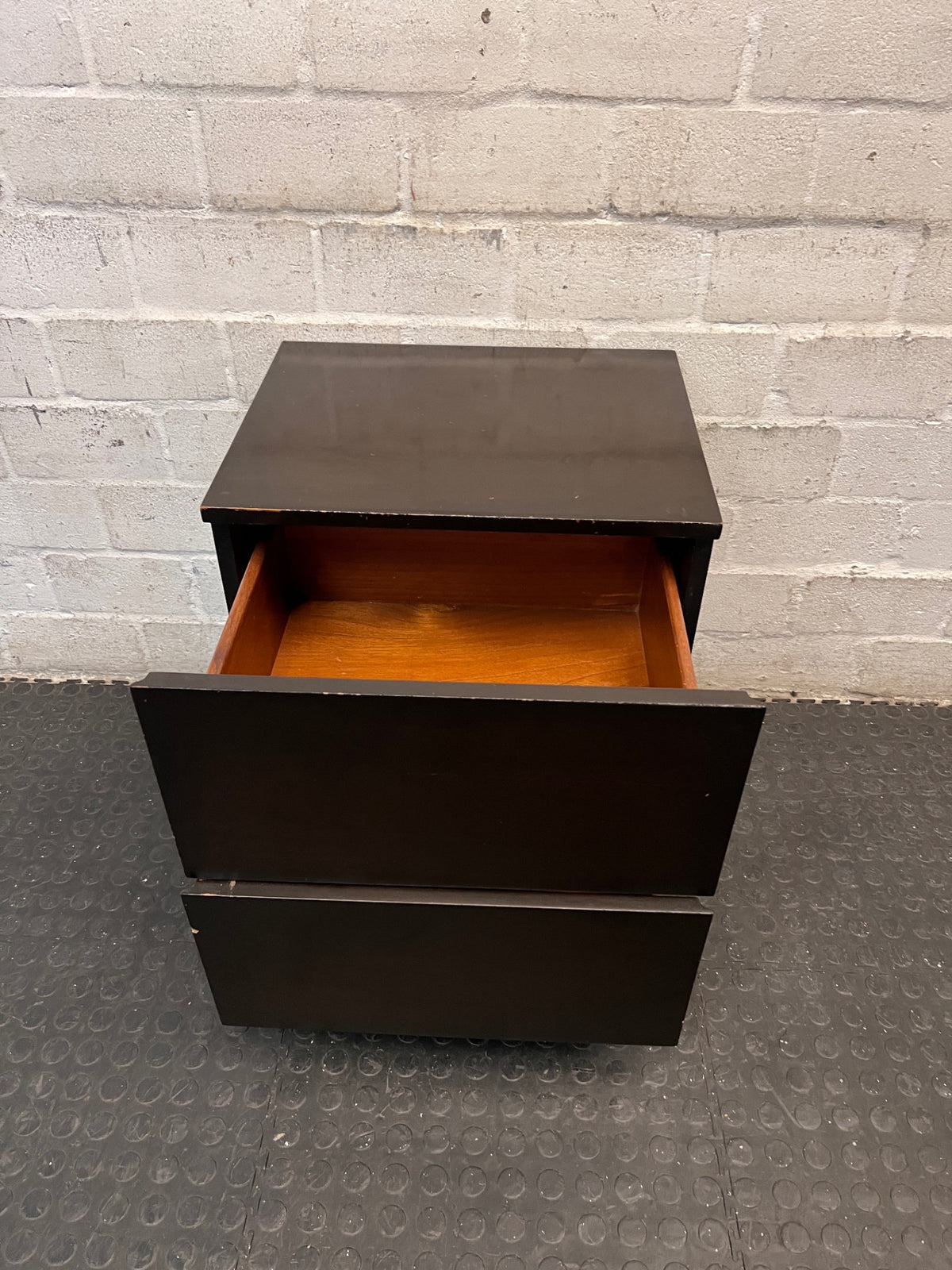 Dark Wood Side Table with Two Drawers — Scratches on Edges – side view