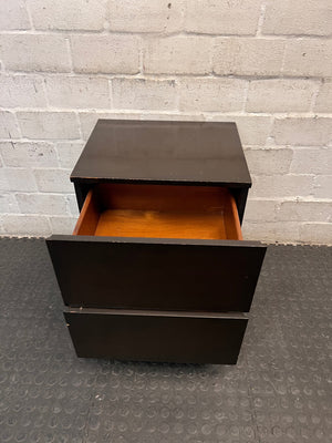 Dark Wood Side Table with Two Drawers — Scratches on Edges – side view