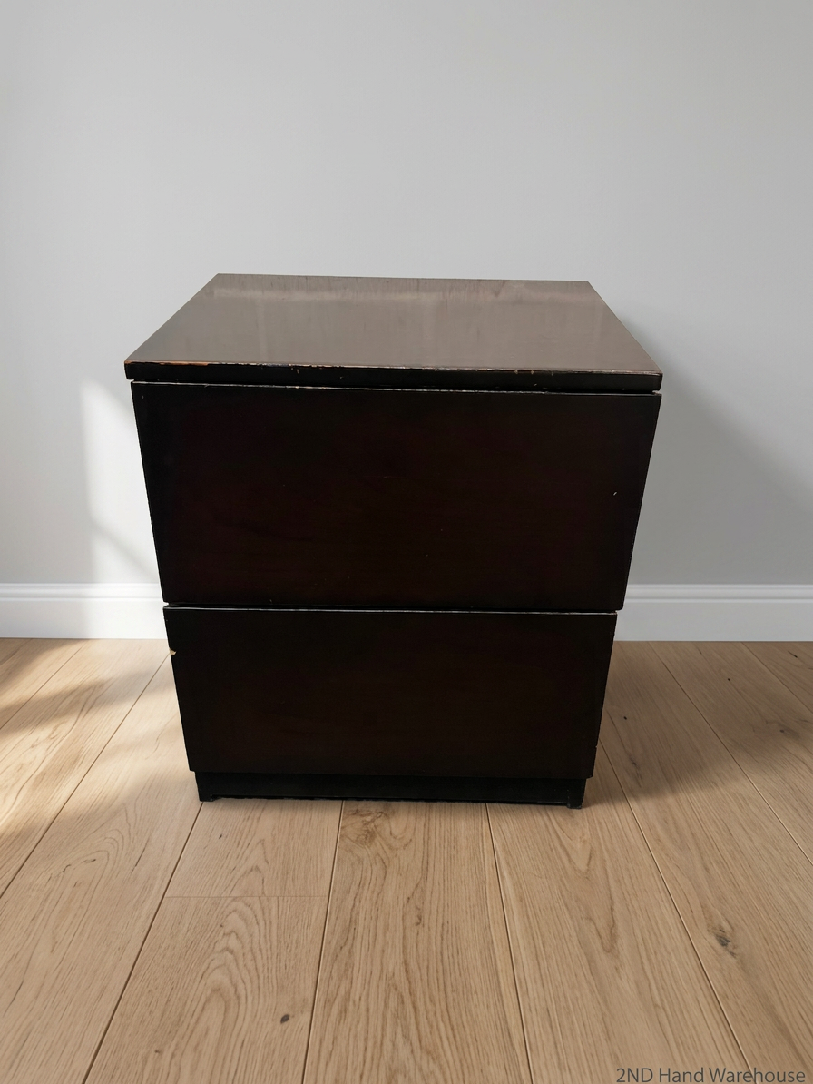 Dark Wood Side Table with Two Drawers — Scratches on Edges – styled product image