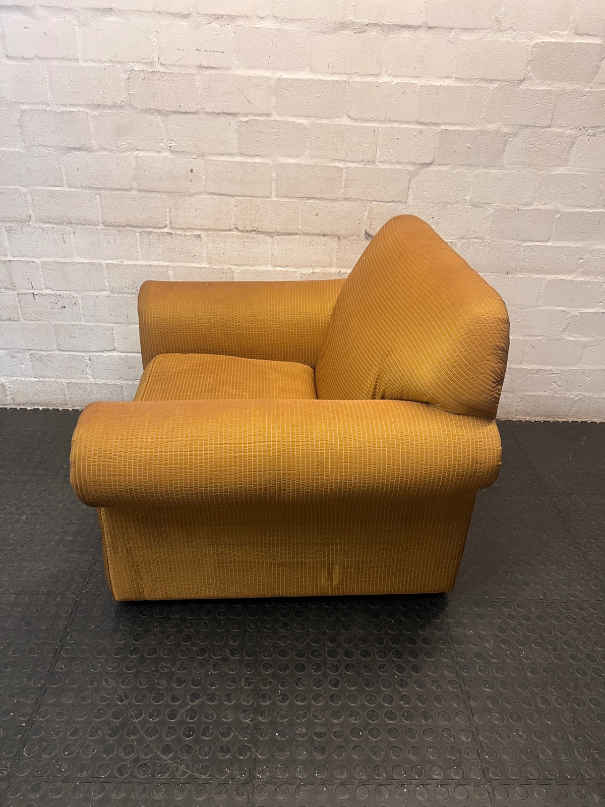 Textured Brown Fabric Armchair with Rolled Arms — Good Working Order – side view