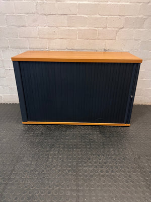 Wood and Anthracite Tambour Door Office Credenza — Good Used Condition – main front view