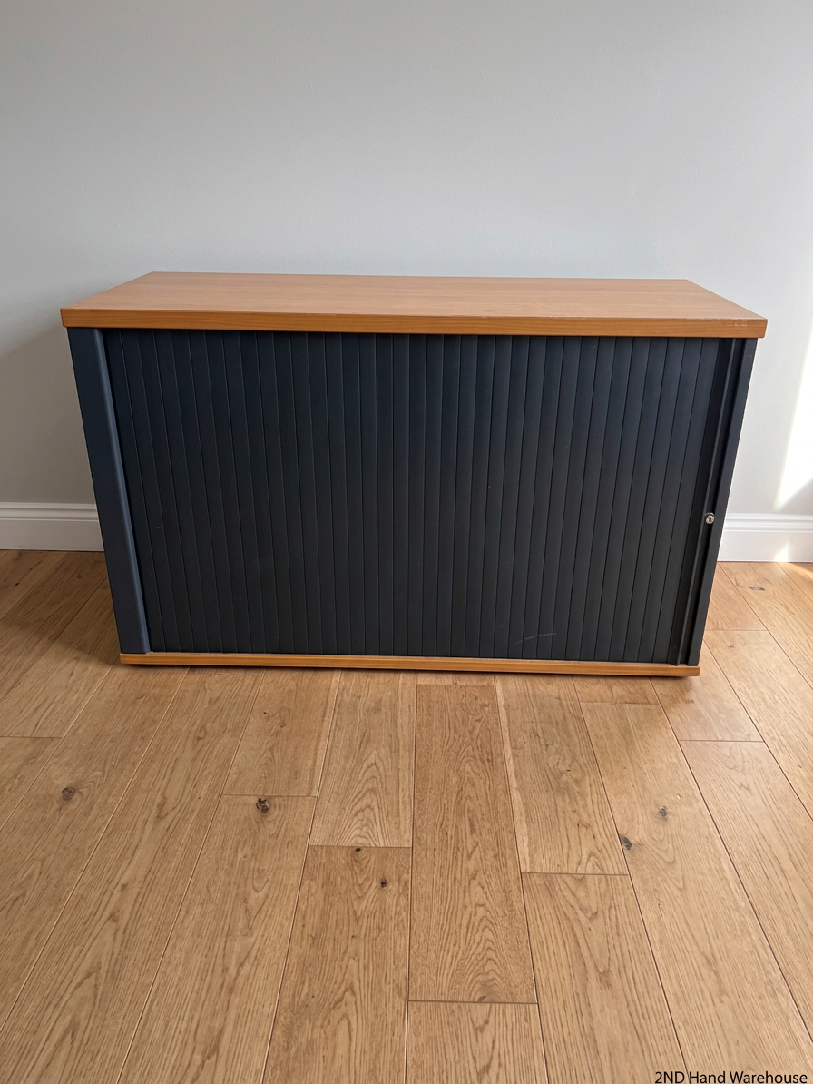 Wood and Anthracite Tambour Door Office Credenza — Good Used Condition – styled product image