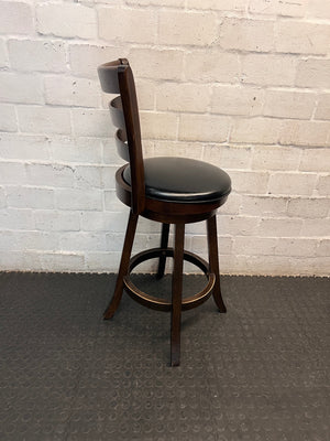 Dark Brown Wooden Bar Stool with Leather-Look Padded Seat — Frame Scuffs and Scratched Leather Seats – condition detail