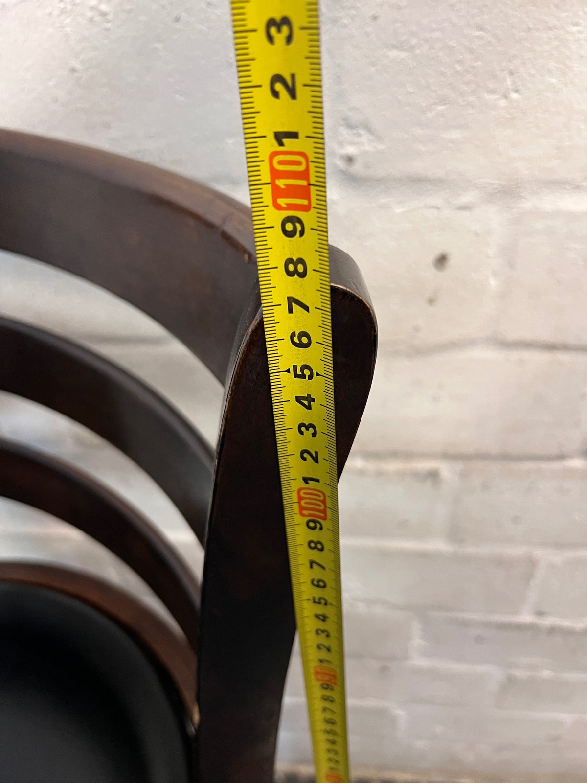 Dark Brown Wooden Bar Stool with Leather-Look Padded Seat — Frame Scuffs and Scratched Leather Seats – height measurement