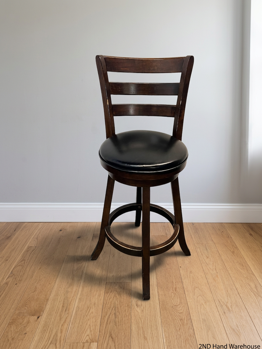 Dark Brown Wooden Bar Stool with Leather-Look Padded Seat — Frame Scuffs and Scratched Leather Seats – styled product image