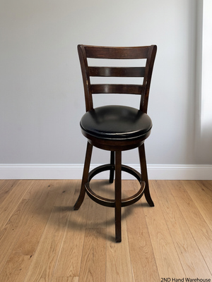 Dark Brown Wooden Bar Stool with Leather-Look Padded Seat — Frame Scuffs and Scratched Leather Seats – styled product image